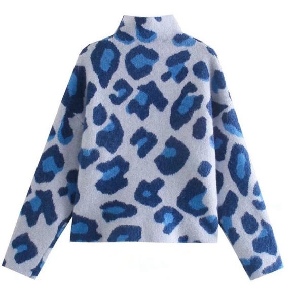 ZARA Animal Print High Neck Sweater Blue Jacquard Leopard - Picture 1 of 5